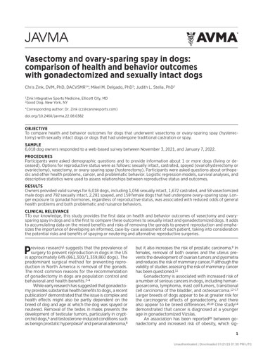 Vasectomy and ovary-sparing spay in dogs: comparison of health and behavior outcomes with gonadectomized and sexually intact dogs